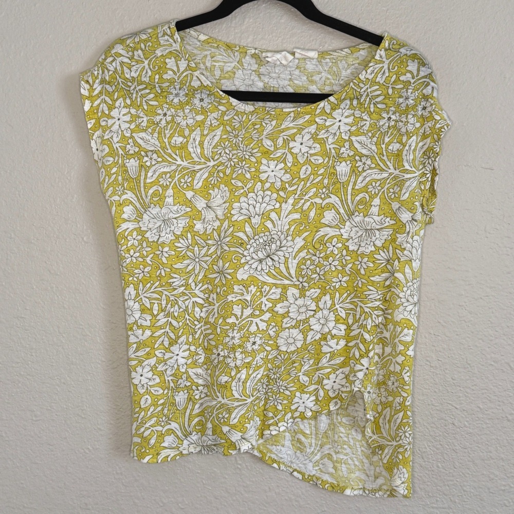 Cottage Asymmetric Yellow Floral Slub Knit Linen Cap Sleeve Top Womens Small